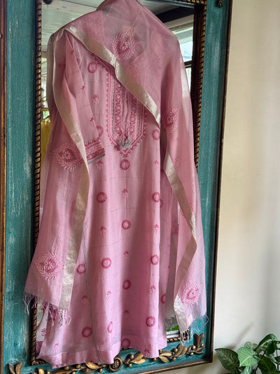Pink Shade Tissue Zari Kota Chikankari Unstitched Fabric