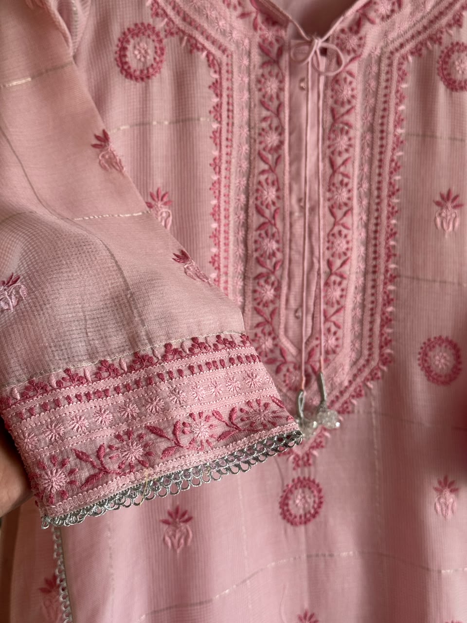 Pink Shade Tissue Zari Kota Chikankari Unstitched Fabric