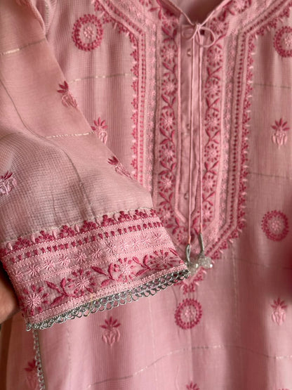 Pink Shade Tissue Zari Kota Chikankari Unstitched Fabric