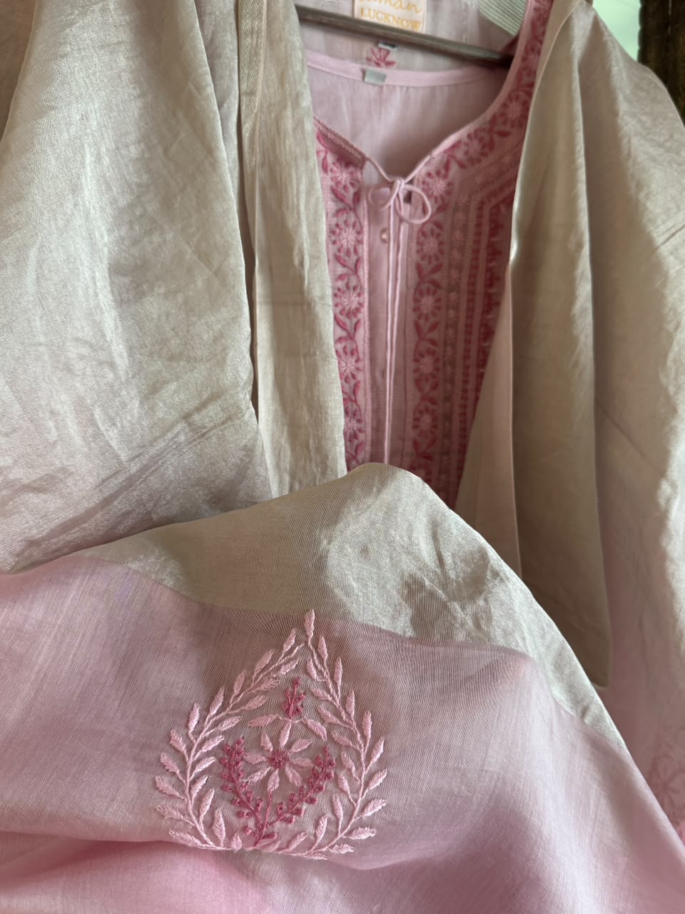 Pink Shade Tissue Zari Kota Chikankari Unstitched Fabric