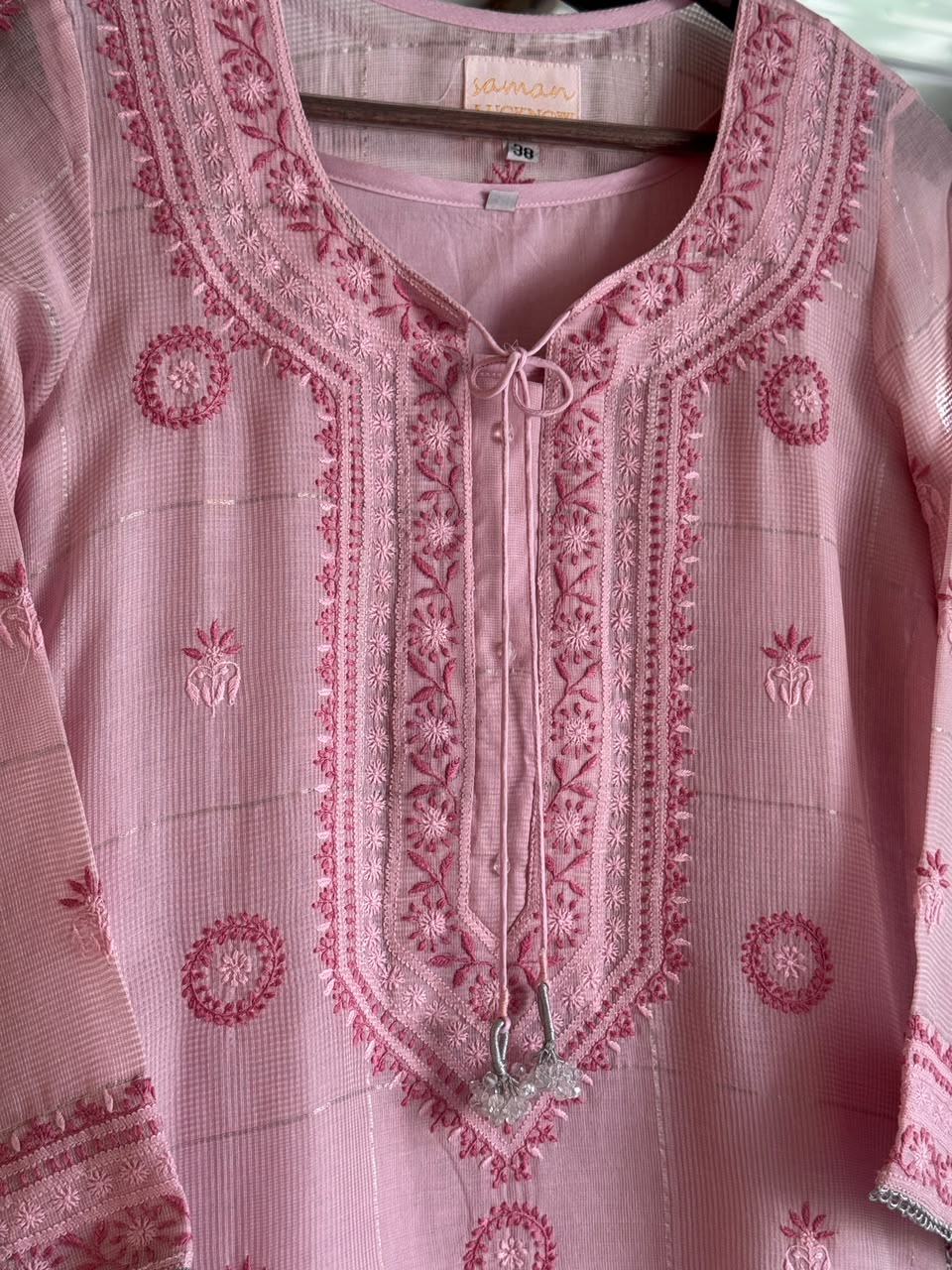 Pink Shade Tissue Zari Kota Chikankari Unstitched Fabric