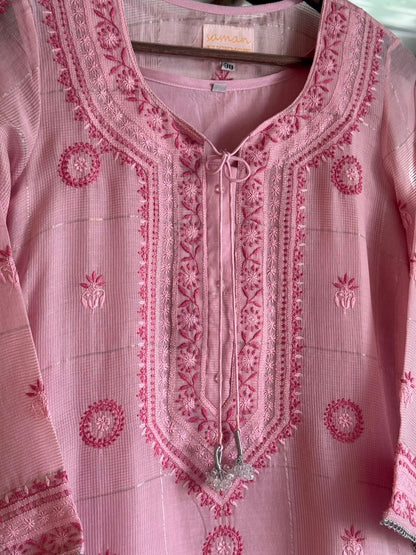 Pink Shade Tissue Zari Kota Chikankari Unstitched Fabric