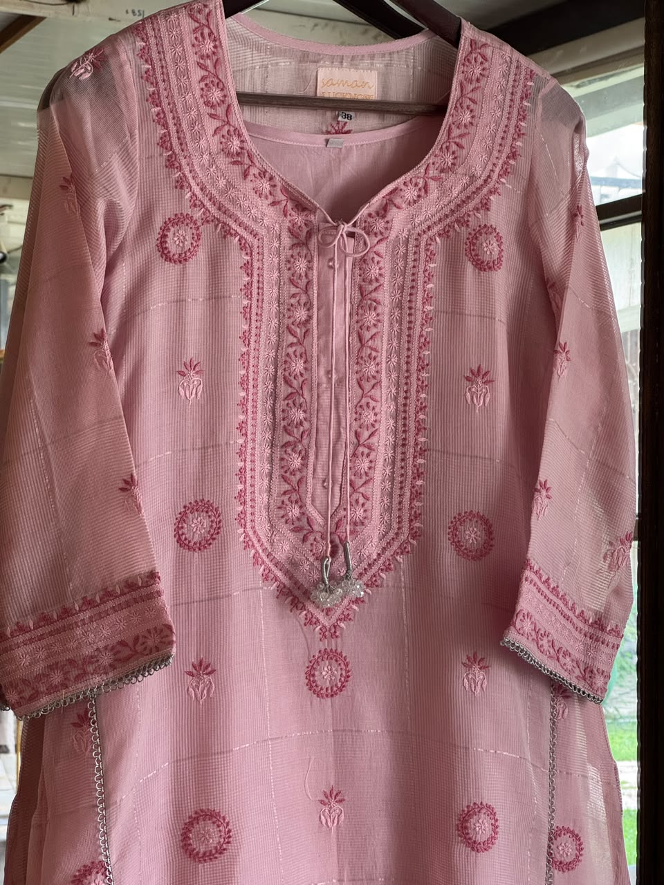 Pink Shade Tissue Zari Kota Chikankari Unstitched Fabric