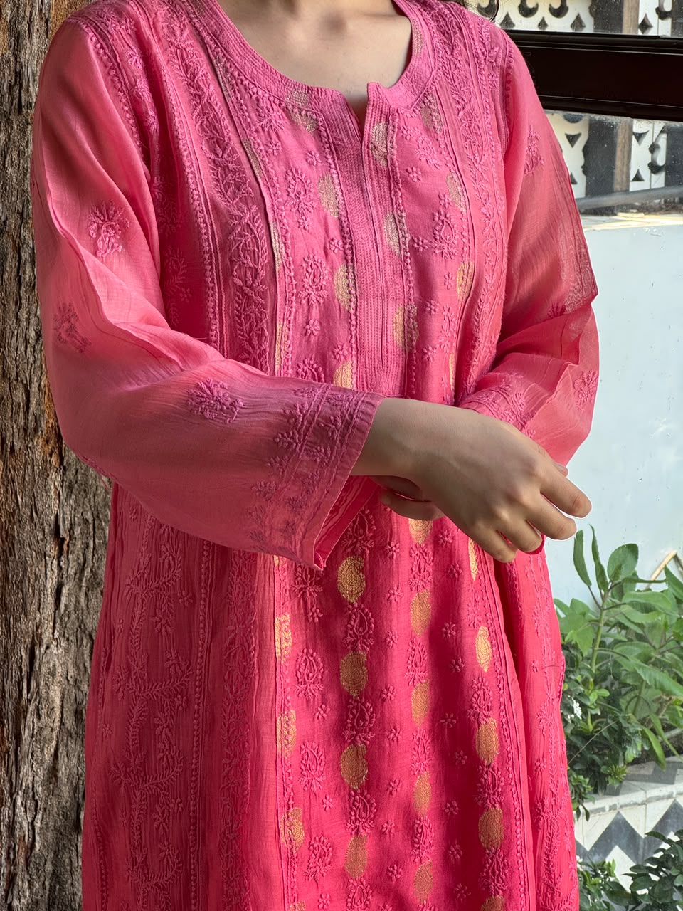 Pink Shade Zari Chanderi Chikankari Ready to Wear Tunics