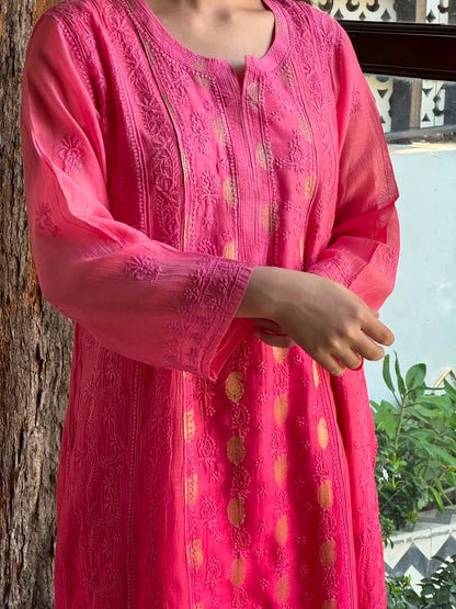 Pink Shade Zari Chanderi Chikankari Ready to Wear Tunics