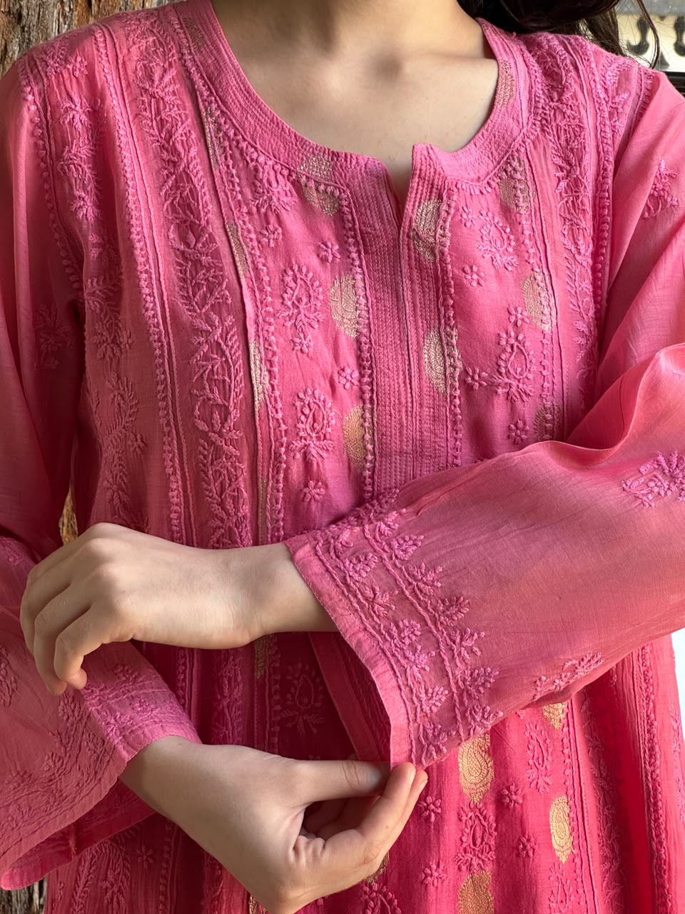 Pink Shade Zari Chanderi Chikankari Ready to Wear Tunics