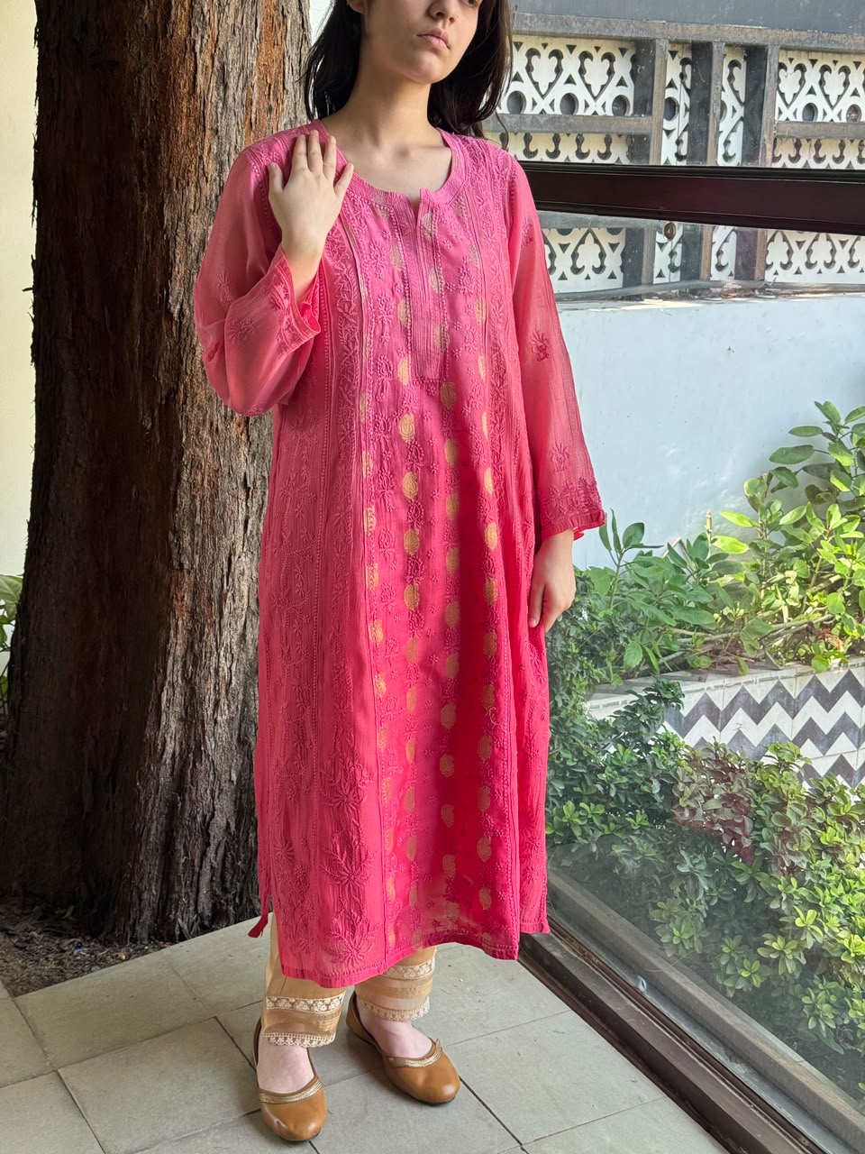 Pink Shade Zari Chanderi Chikankari Ready to Wear Tunics