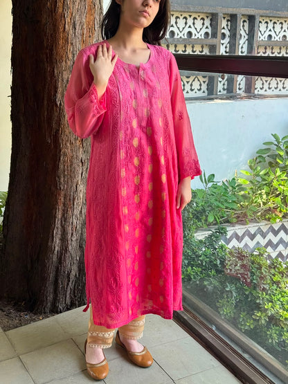 Pink Shade Zari Chanderi Chikankari Ready to Wear Tunics
