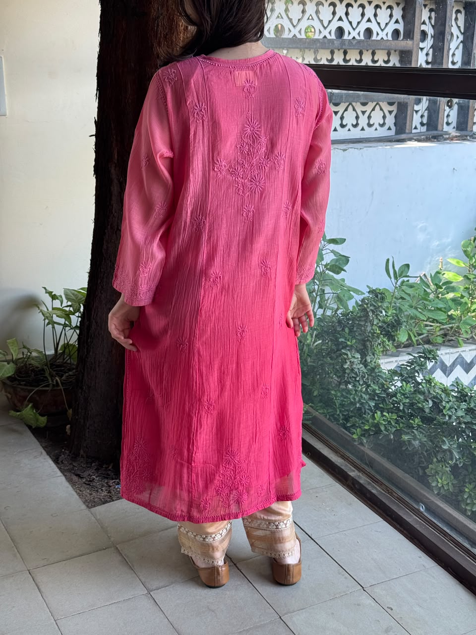 Pink Shade Zari Chanderi Chikankari Ready to Wear Tunics