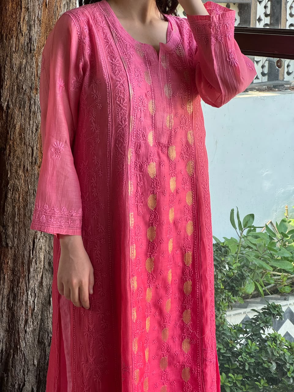 Pink Shade Zari Chanderi Chikankari Ready to Wear Tunics