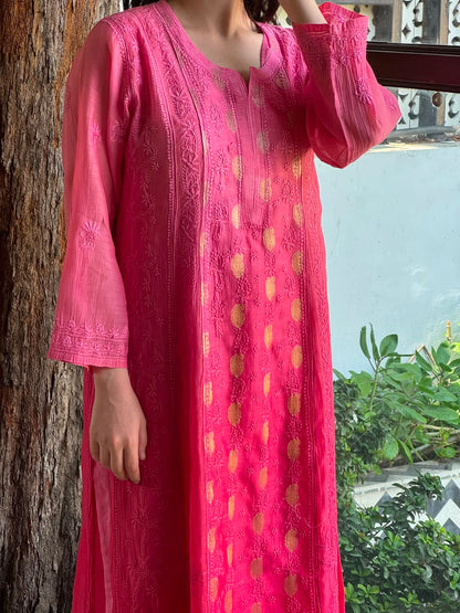 Pink Shade Zari Chanderi Chikankari Ready to Wear Tunics
