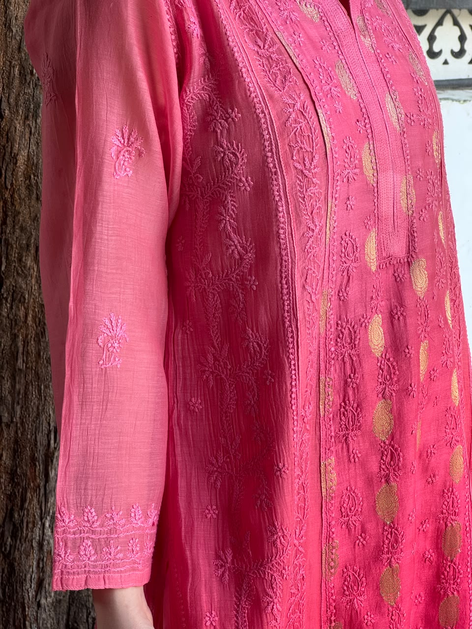 Pink Shade Zari Chanderi Chikankari Ready to Wear Tunics