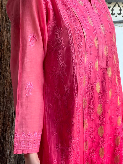 Pink Shade Zari Chanderi Chikankari Ready to Wear Tunics