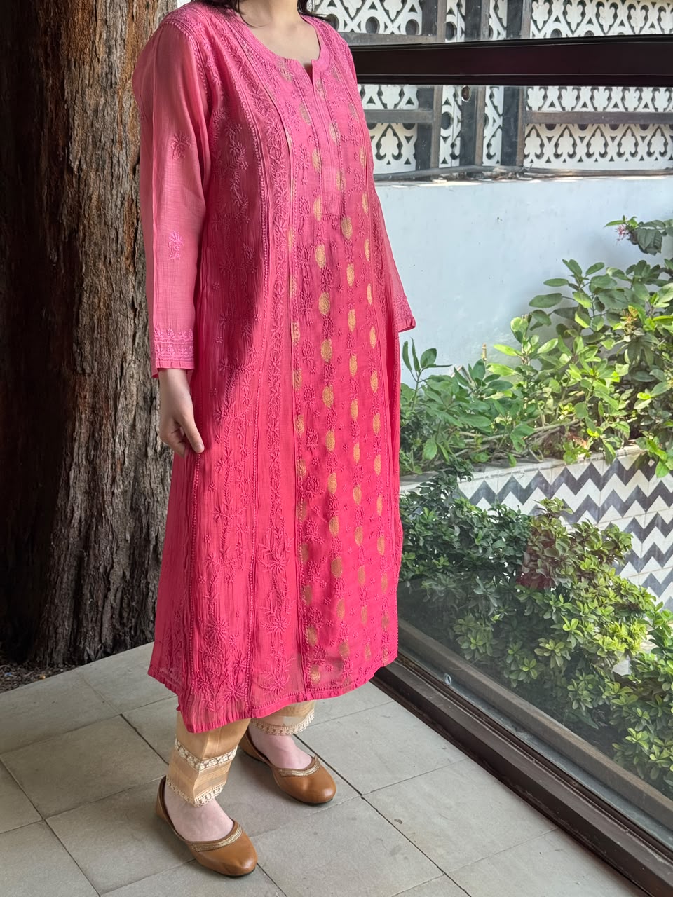 Pink Shade Zari Chanderi Chikankari Ready to Wear Tunics