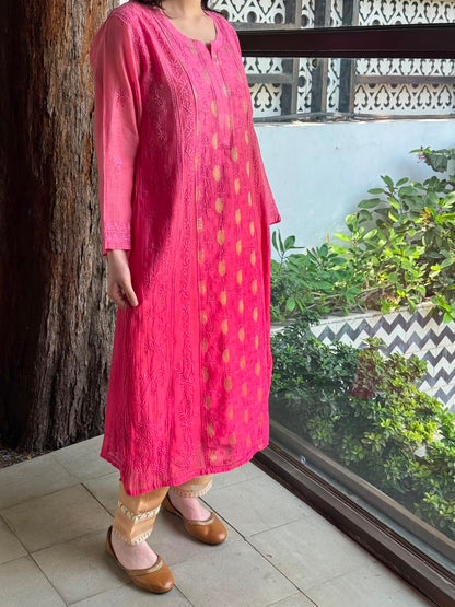 Pink Shade Zari Chanderi Chikankari Ready to Wear Tunics