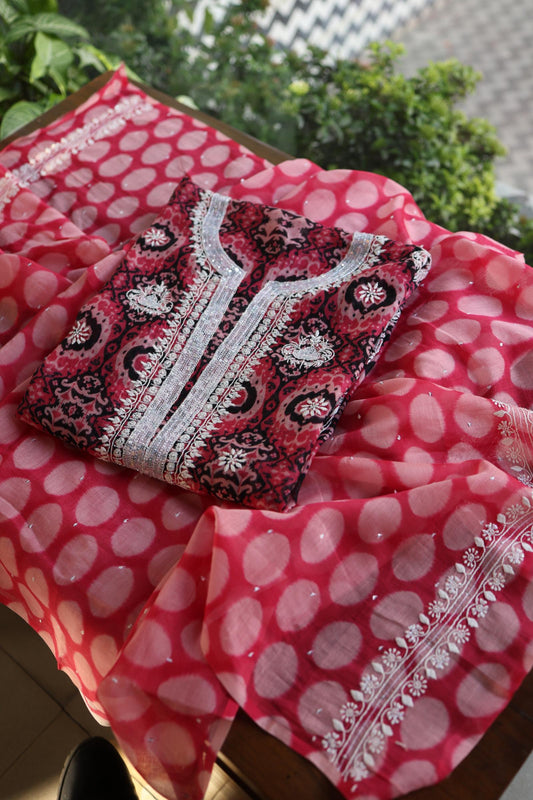 Pink Soft Cotton Printed Unstitched Kurta Dupatta Set with Chikankari & Sequin Work