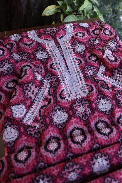 Pink Soft Cotton Printed Unstitched Kurta Dupatta Set with Chikankari & Sequin Work