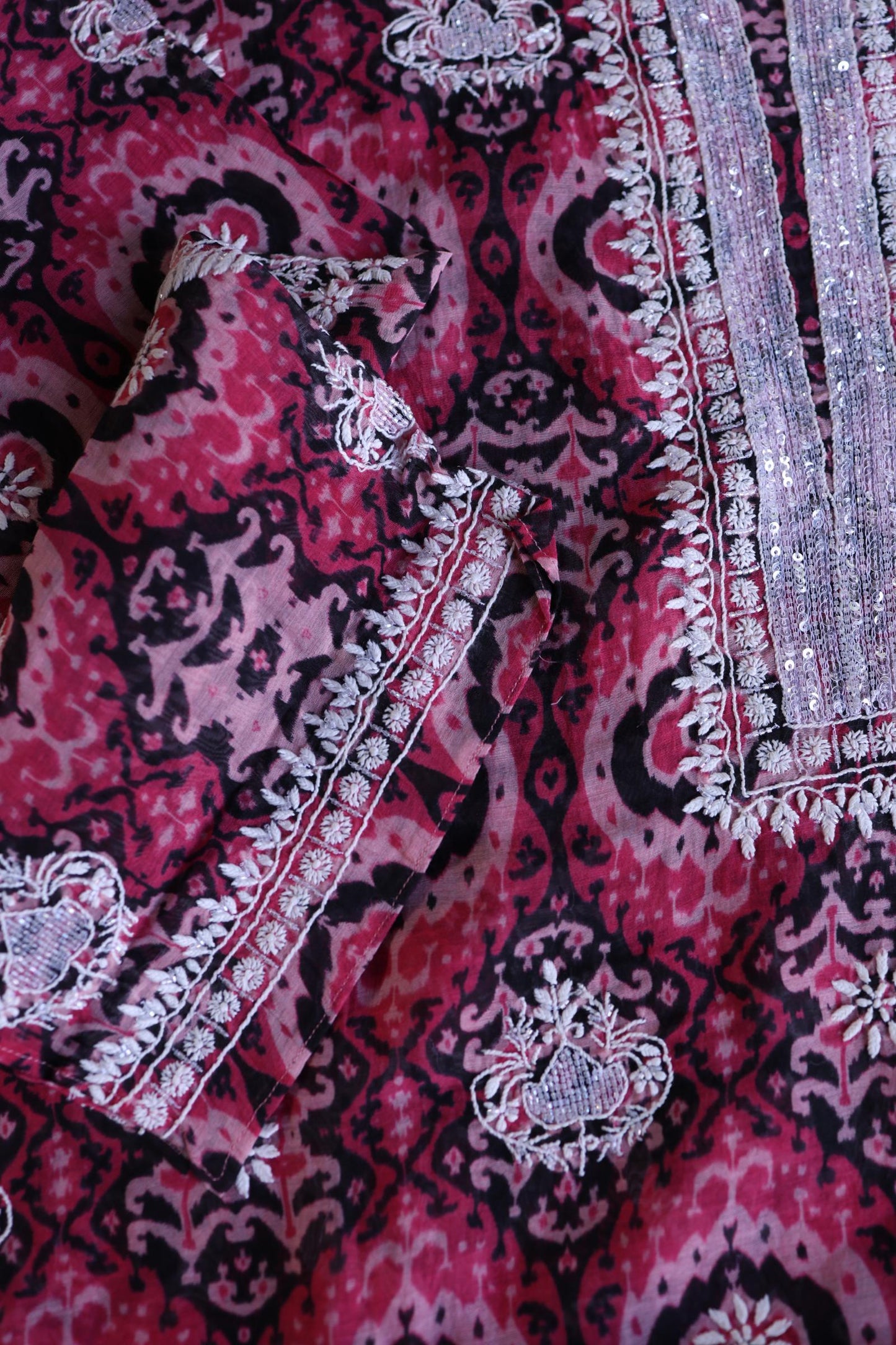 Pink Soft Cotton Printed Unstitched Kurta Dupatta Set with Chikankari & Sequin Work