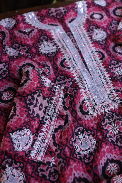 Pink Soft Cotton Printed Unstitched Kurta Dupatta Set with Chikankari & Sequin Work