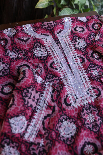 Pink Soft Cotton Printed Unstitched Kurta Dupatta Set with Chikankari & Sequin Work