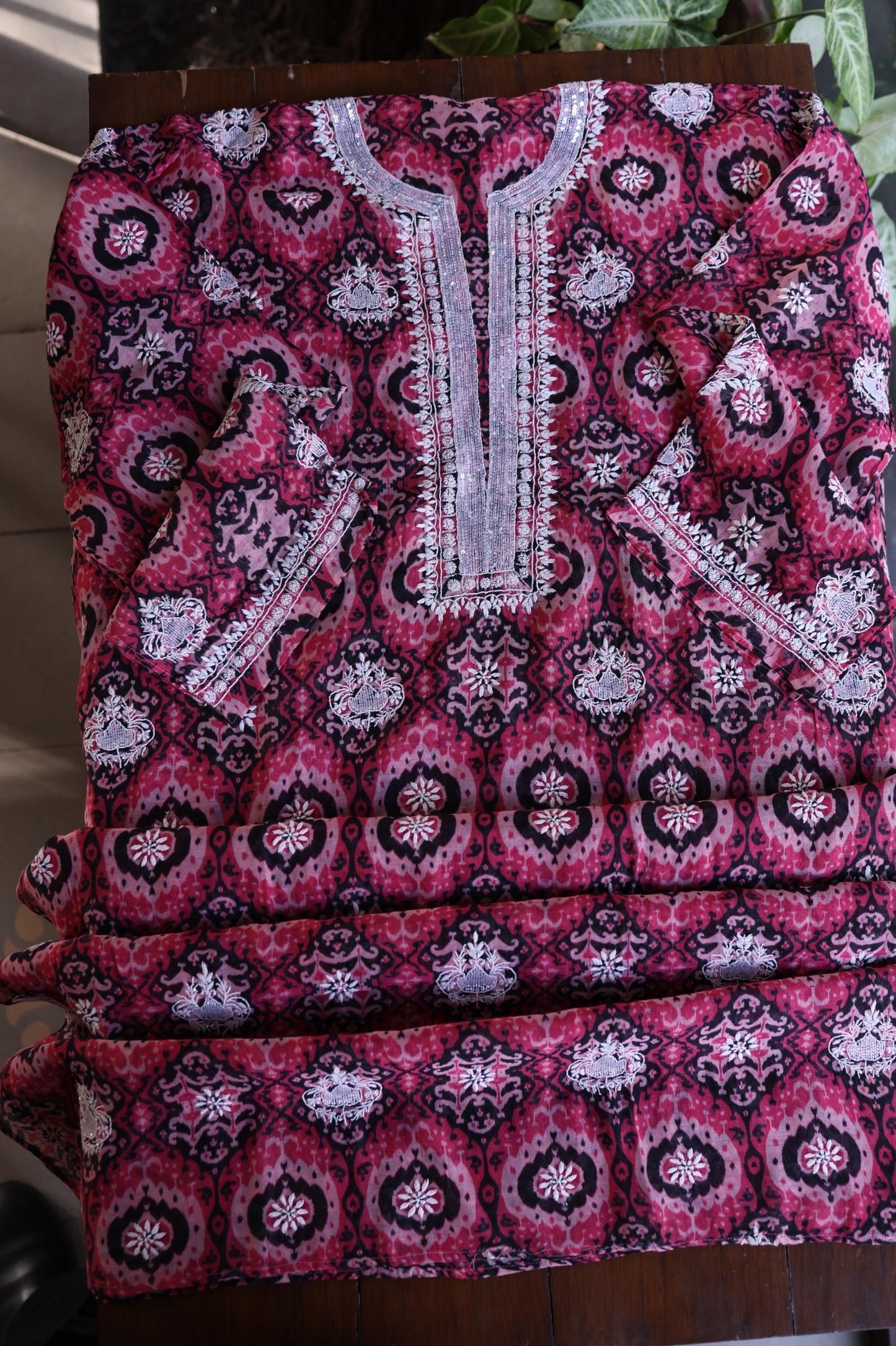 Pink Soft Cotton Printed Unstitched Kurta Dupatta Set with Chikankari & Sequin Work