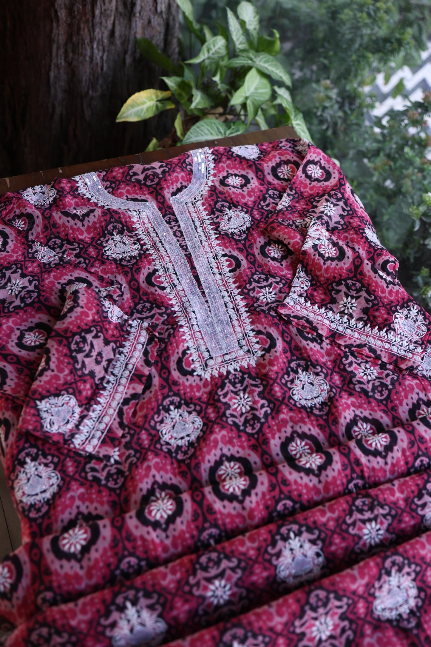 Pink Soft Cotton Printed Unstitched Kurta Dupatta Set with Chikankari & Sequin Work