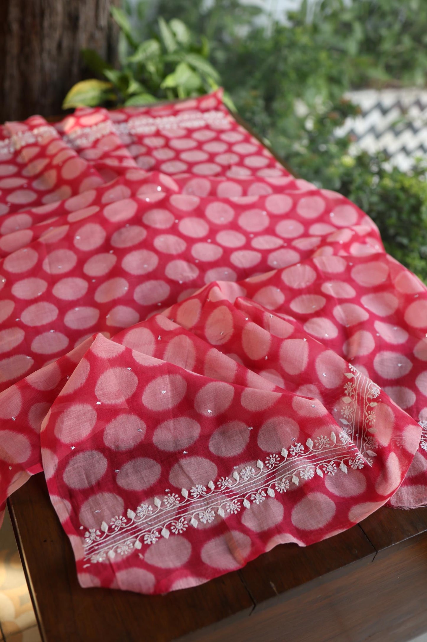Pink Soft Cotton Printed Unstitched Kurta Dupatta Set with Chikankari & Sequin Work
