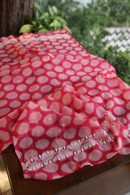 Pink Soft Cotton Printed Unstitched Kurta Dupatta Set with Chikankari & Sequin Work