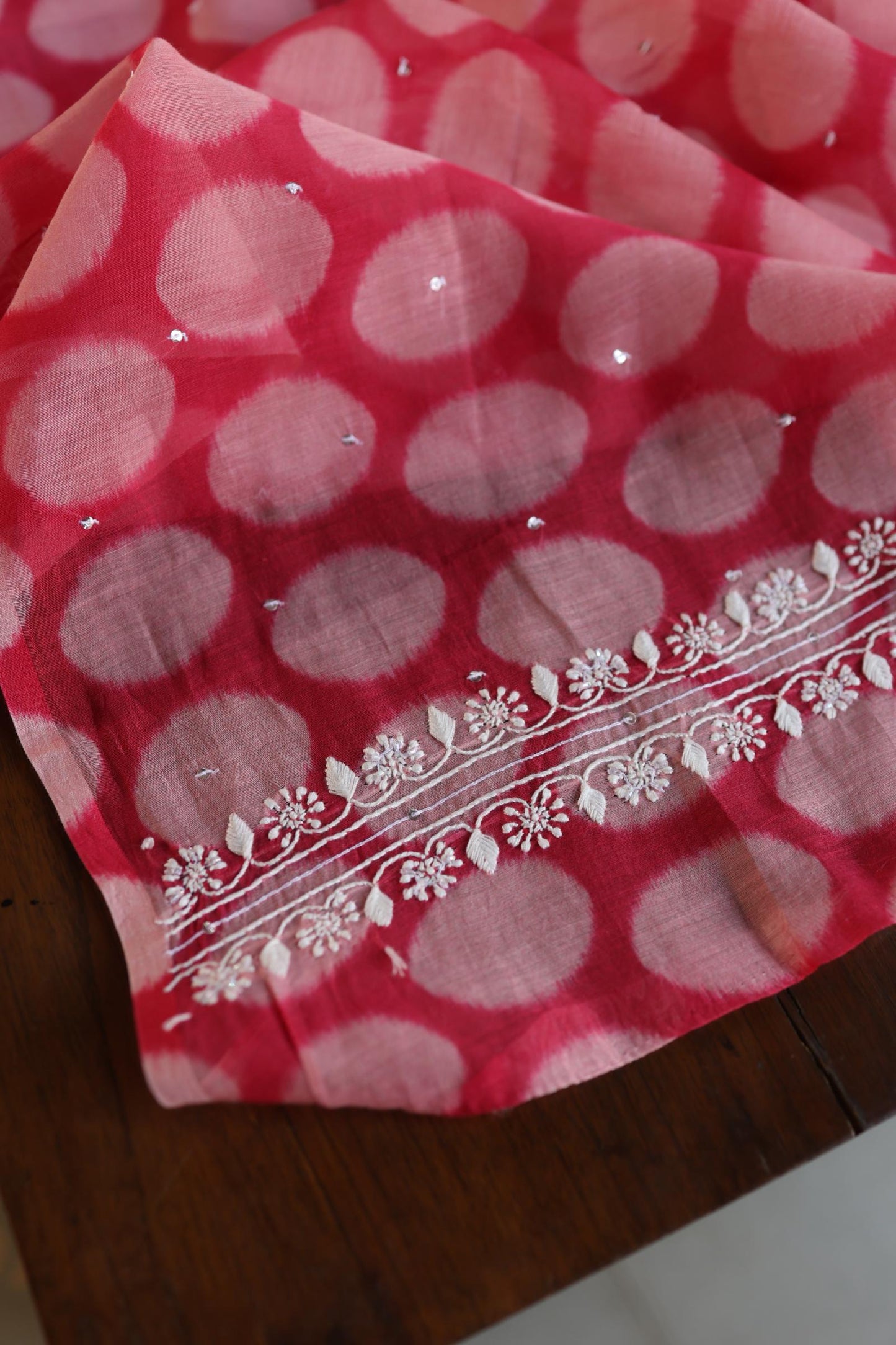Pink Soft Cotton Printed Unstitched Kurta Dupatta Set with Chikankari & Sequin Work