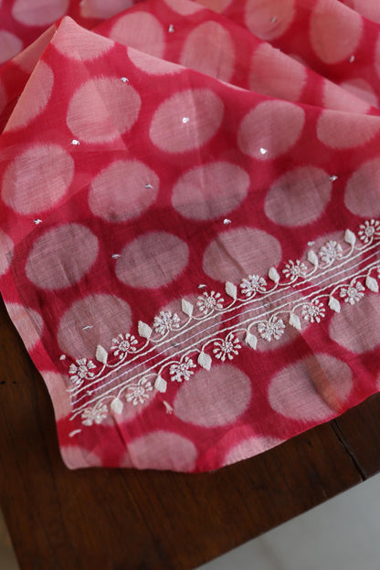 Pink Soft Cotton Printed Unstitched Kurta Dupatta Set with Chikankari & Sequin Work