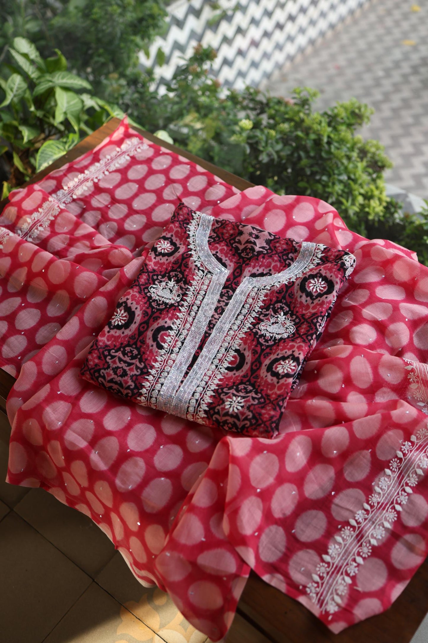 Pink Soft Cotton Printed Unstitched Kurta Dupatta Set with Chikankari & Sequin Work