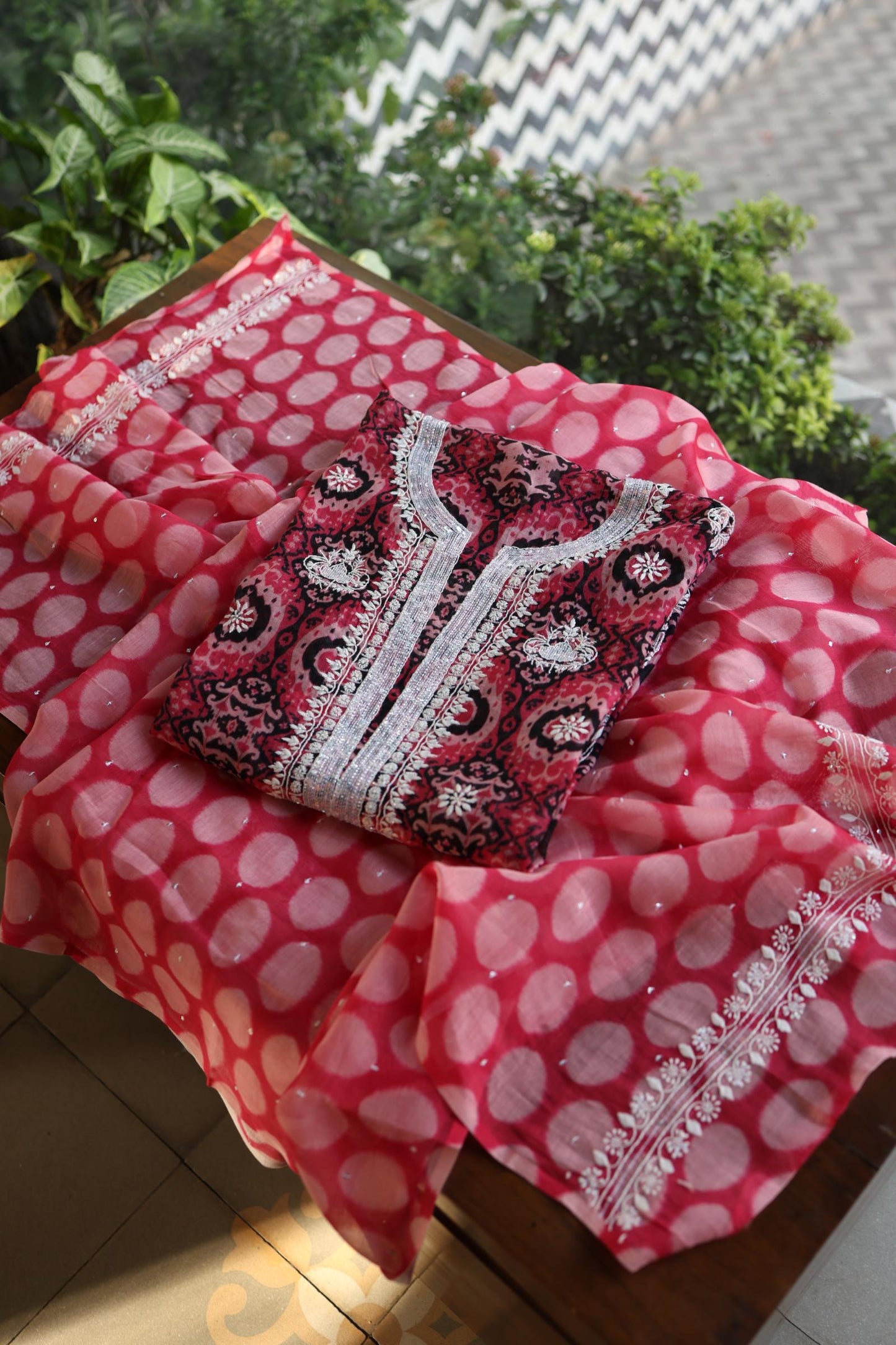 Pink Soft Cotton Printed Unstitched Kurta Dupatta Set with Chikankari & Sequin Work