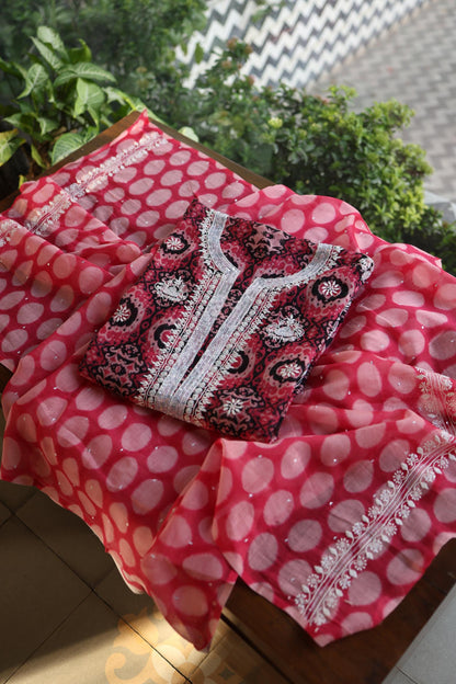 Pink Soft Cotton Printed Unstitched Kurta Dupatta Set with Chikankari & Sequin Work
