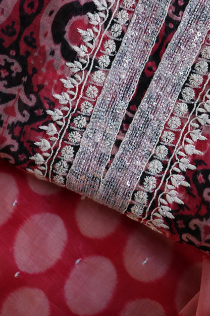 Pink Soft Cotton Printed Unstitched Kurta Dupatta Set with Chikankari & Sequin Work