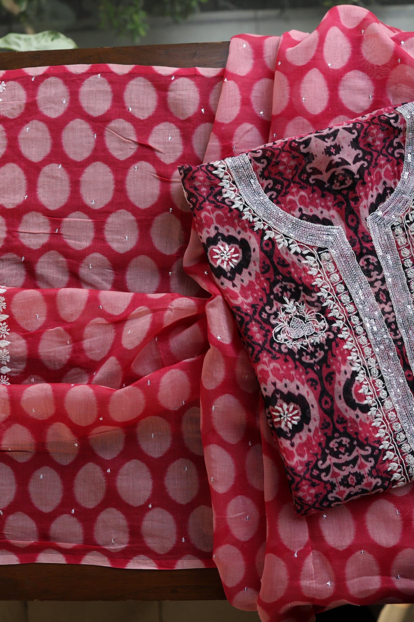 Pink Soft Cotton Printed Unstitched Kurta Dupatta Set with Chikankari & Sequin Work
