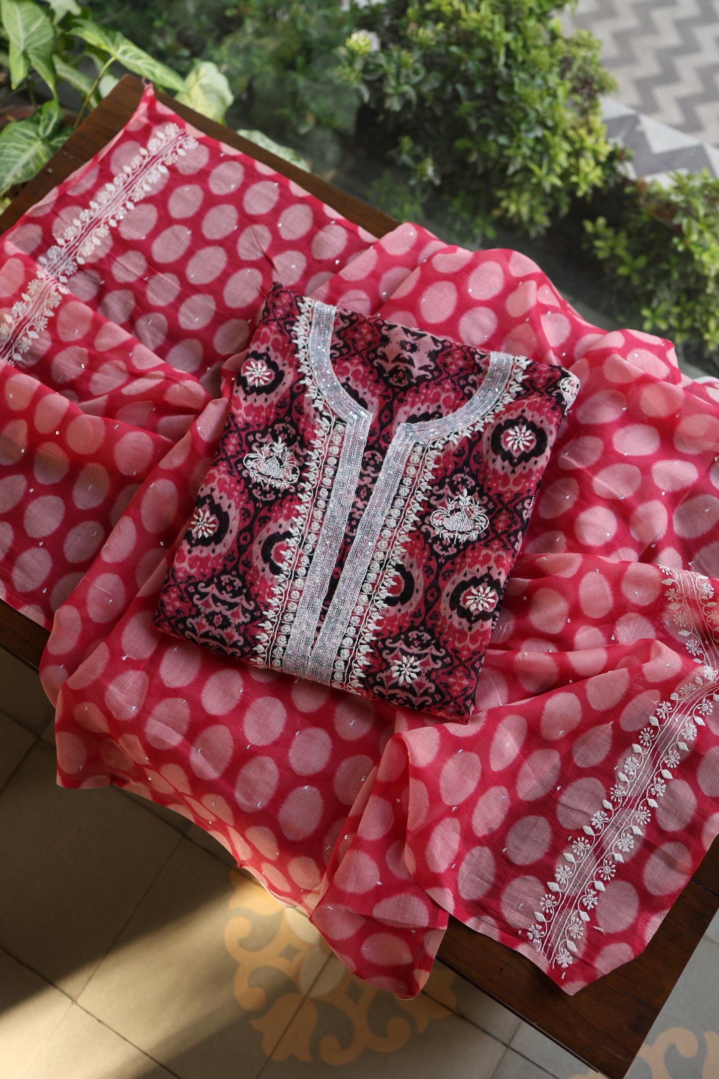 Pink Soft Cotton Printed Unstitched Kurta Dupatta Set with Chikankari & Sequin Work