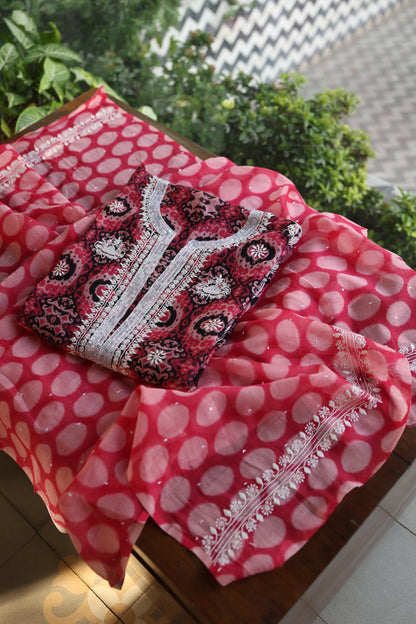 Pink Soft Cotton Printed Unstitched Kurta Dupatta Set with Chikankari & Sequin Work