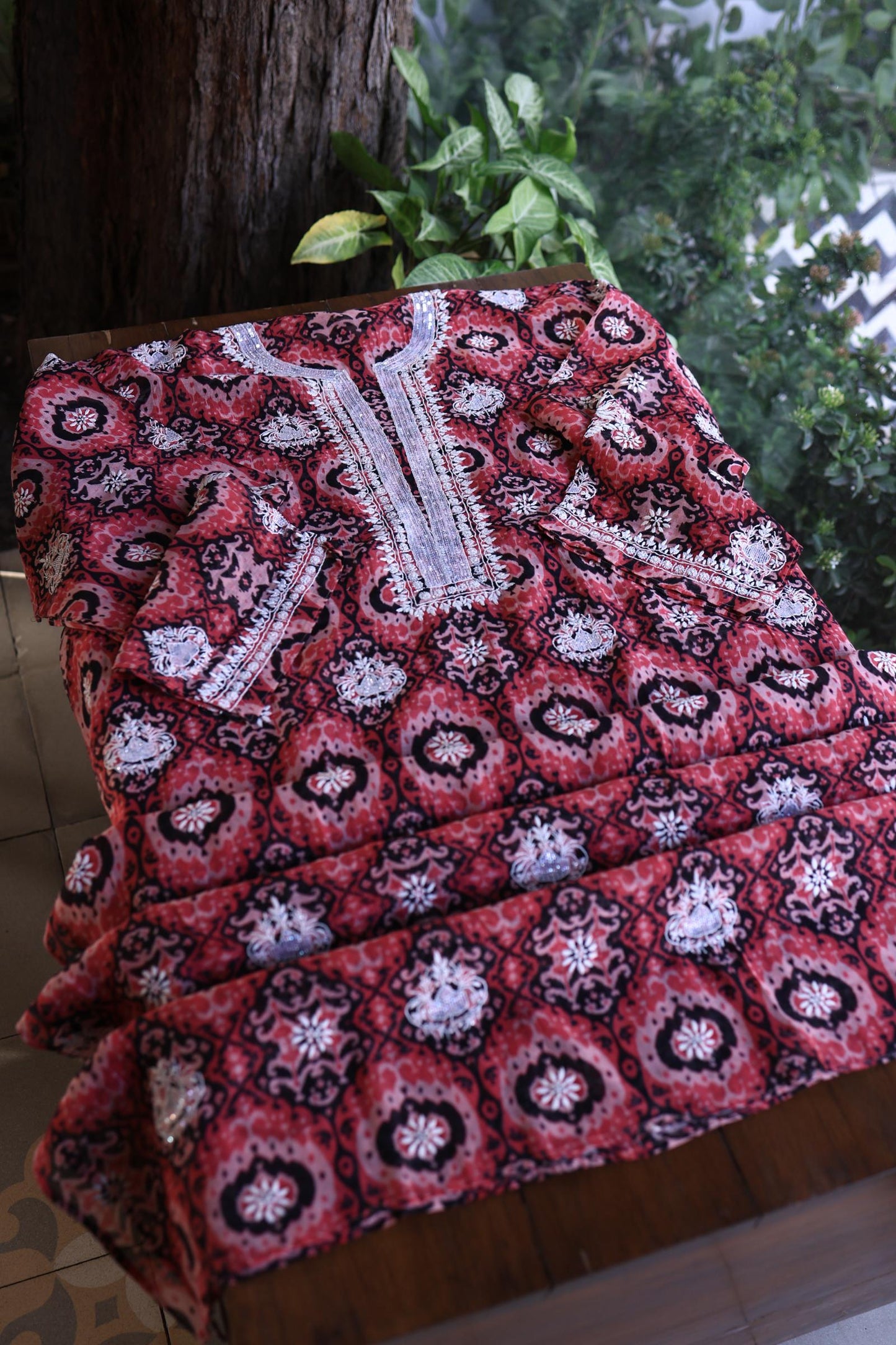 Pink Soft Cotton Printed Unstitched Kurta Dupatta Set with Chikankari & Sequin Work