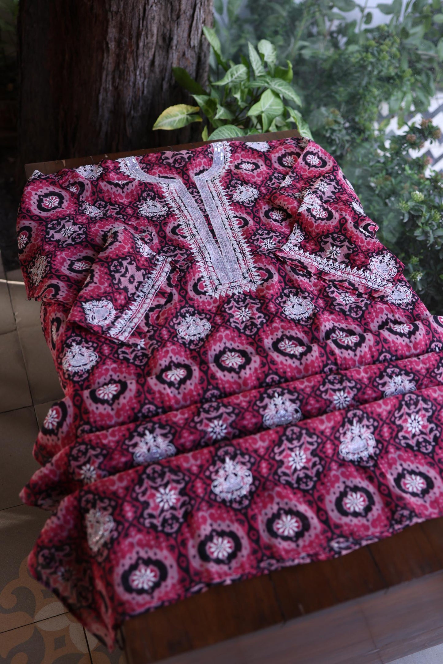 Pink Soft Cotton Printed Unstitched Kurta Dupatta Set with Chikankari & Sequin Work