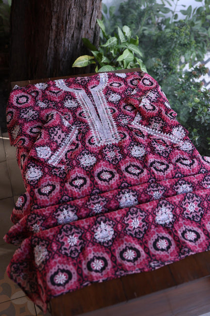 Pink Soft Cotton Printed Unstitched Kurta Dupatta Set with Chikankari & Sequin Work