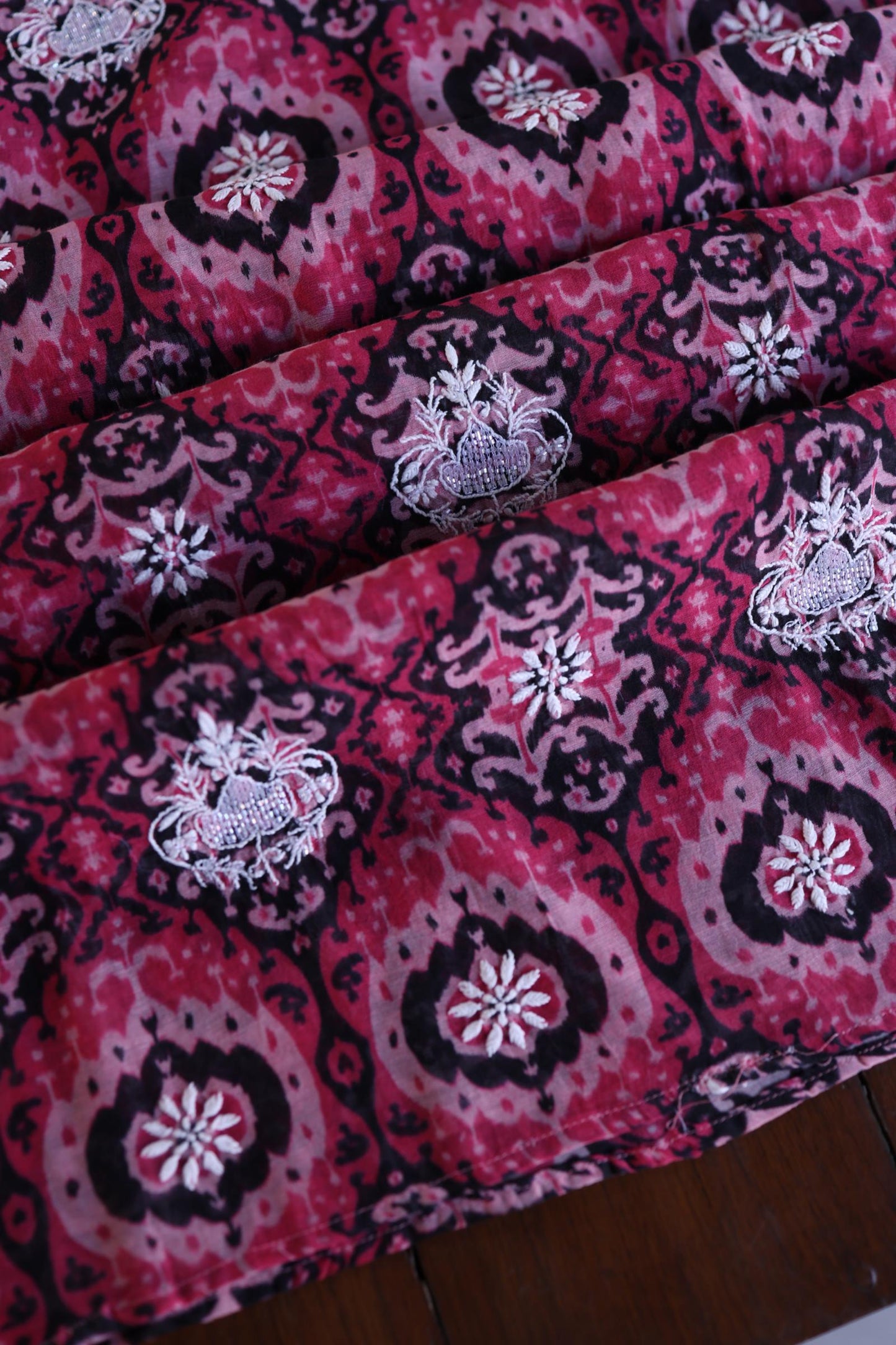 Pink Soft Cotton Printed Unstitched Kurta Dupatta Set with Chikankari & Sequin Work