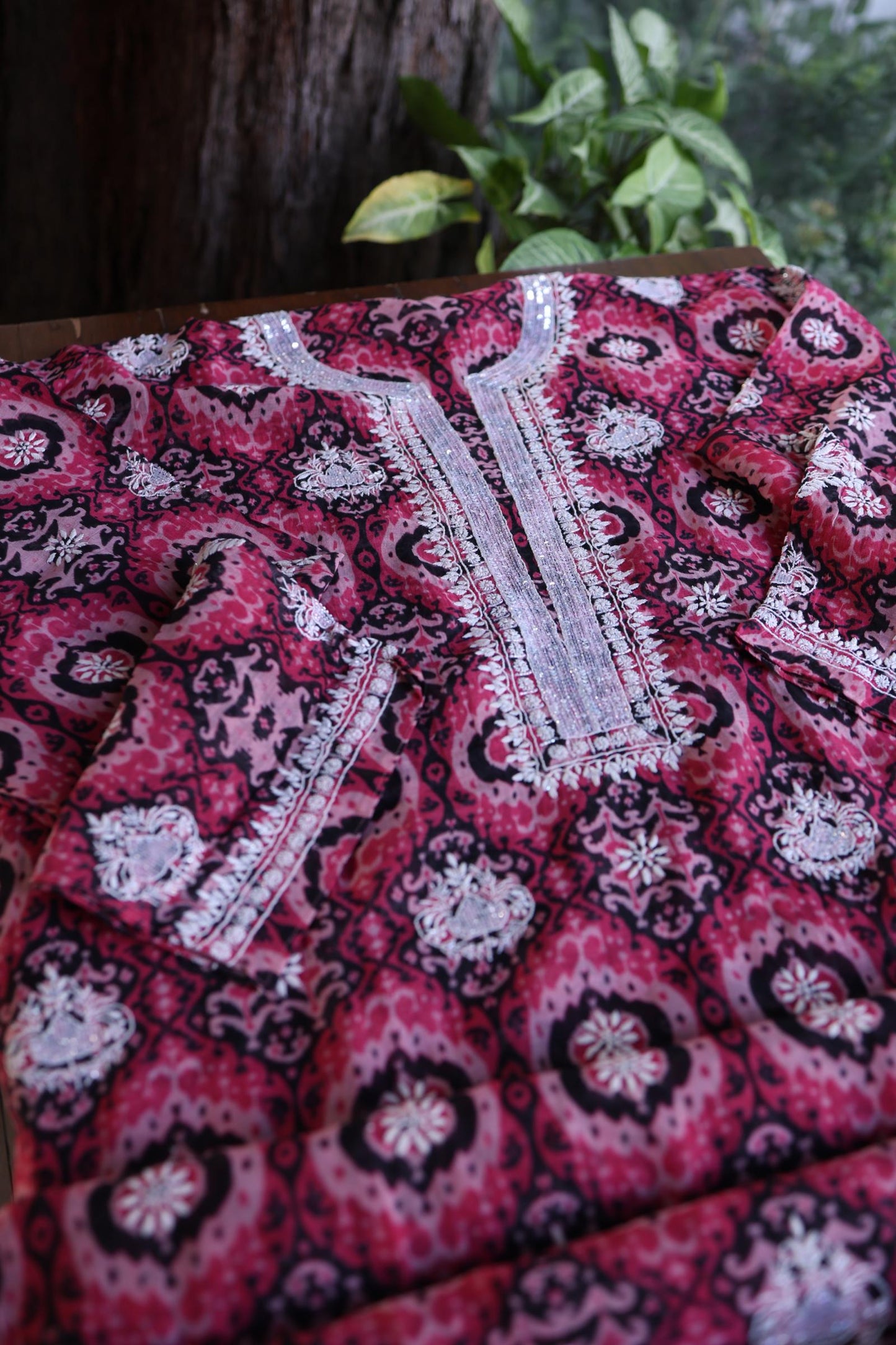 Pink Soft Cotton Printed Unstitched Kurta Dupatta Set with Chikankari & Sequin Work