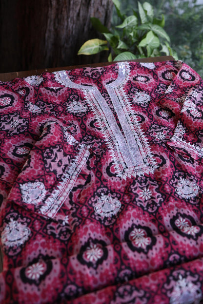 Pink Soft Cotton Printed Unstitched Kurta Dupatta Set with Chikankari & Sequin Work