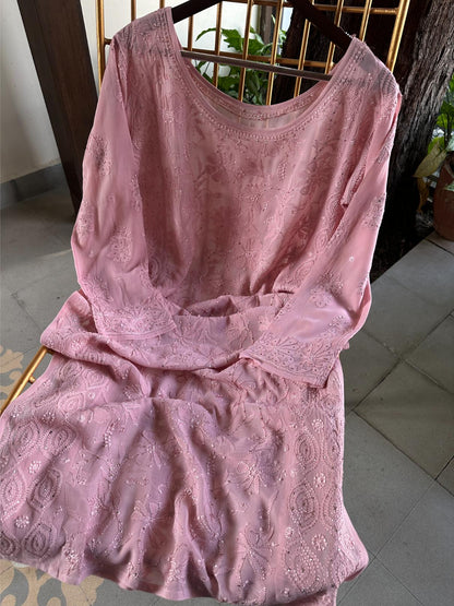 Pink Viscose Georgette Chikankari Ready to Wear Kurta