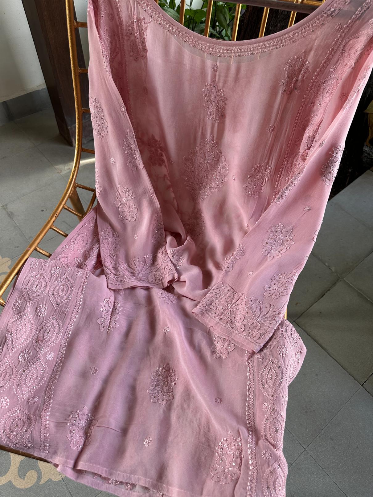 Pink Viscose Georgette Chikankari Ready to Wear Kurta