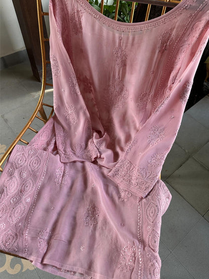 Pink Viscose Georgette Chikankari Ready to Wear Kurta