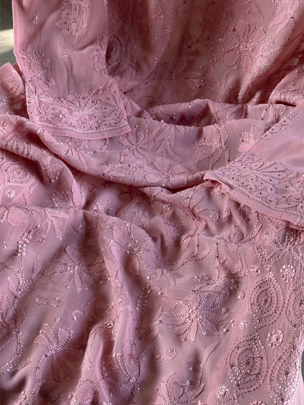 Pink Viscose Georgette Chikankari Ready to Wear Kurta