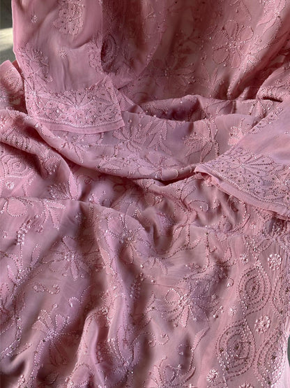 Pink Viscose Georgette Chikankari Ready to Wear Kurta