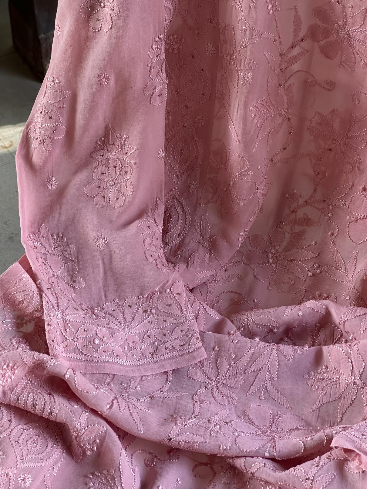 Pink Viscose Georgette Chikankari Ready to Wear Kurta