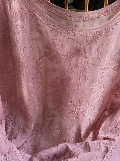 Pink Viscose Georgette Chikankari Ready to Wear Kurta
